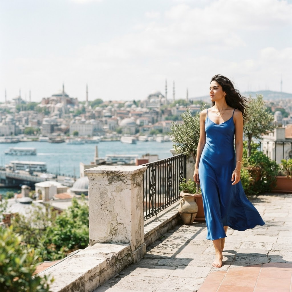 Kobalt saten elbiseli model, İstanbul manzaralı terasta yürüyor